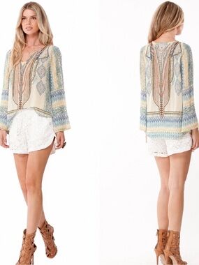 Hale Bob Womens Renata Silk Printed Blouse S Blue Bohemian Resortwear Lagenlook